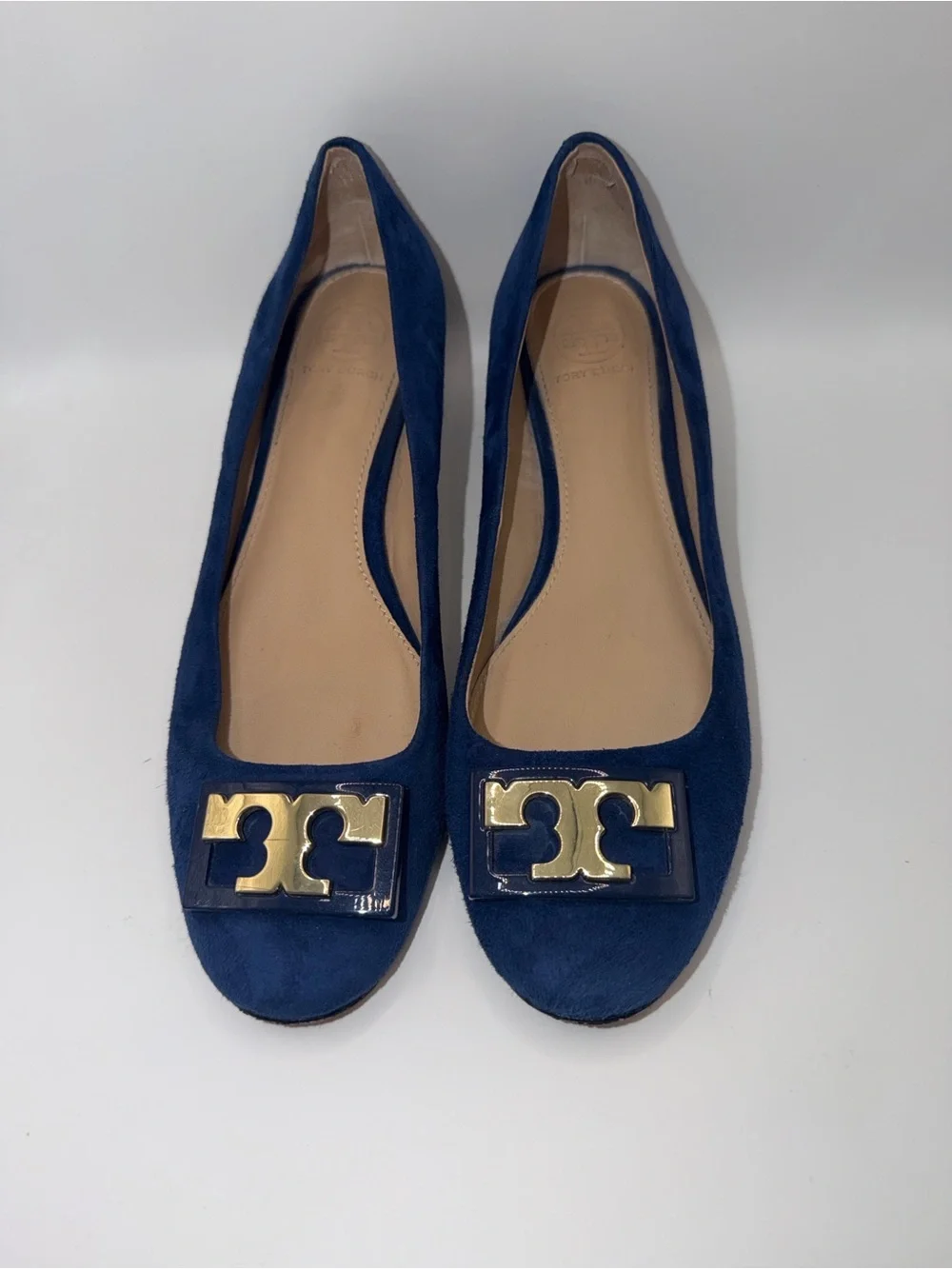 Tory Burch “Gigi” Navy Suede Pumps with Block Heel and Gold T Logo at the Toe